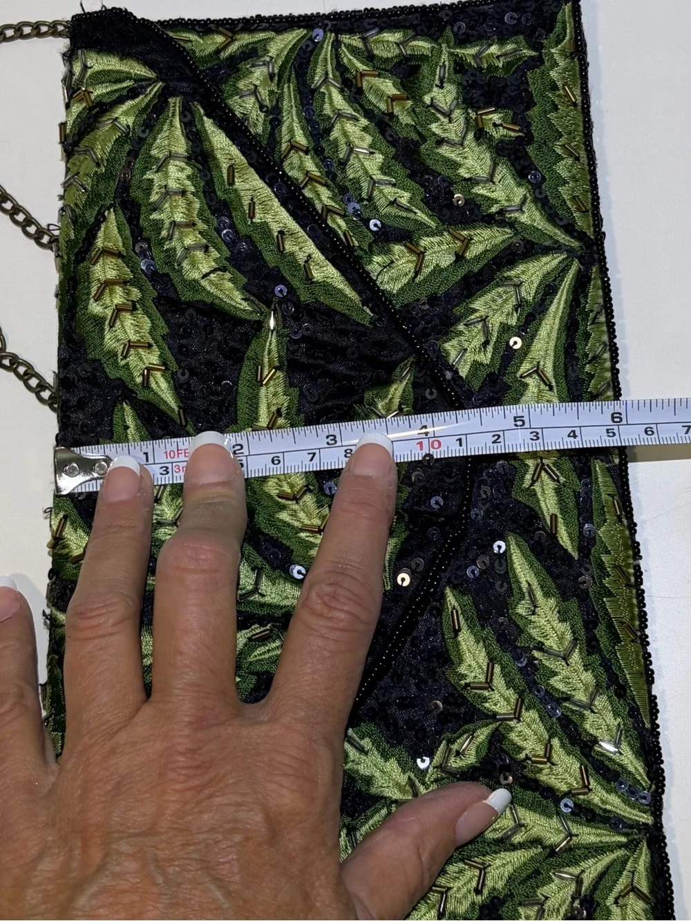 Clements Ribeiro Green Palm Leaf Embroidered Beaded & Sequin Clutch With Chain